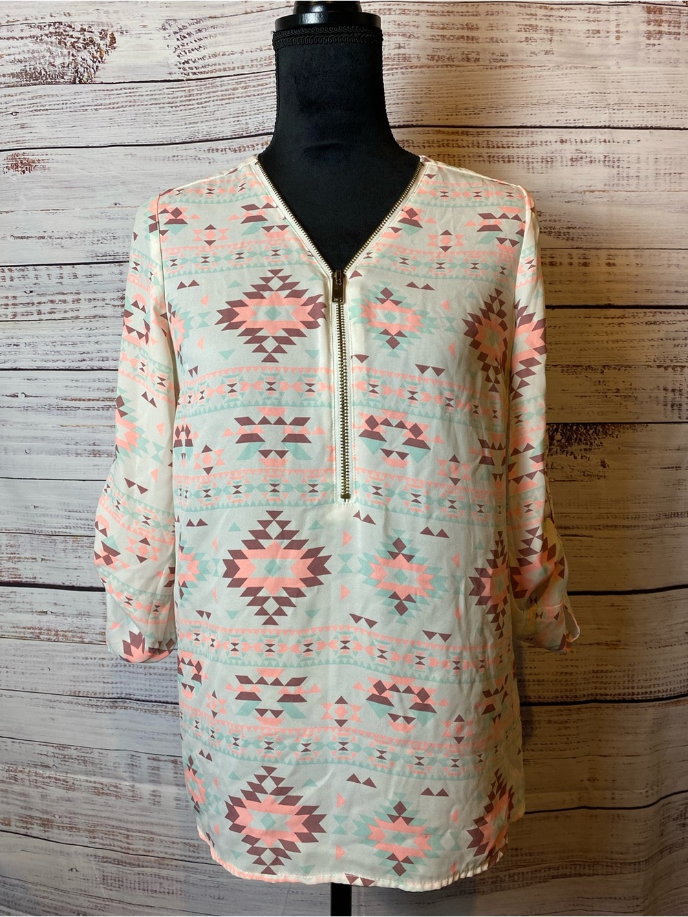 Wishful Park Mint, Coral & Taupe Aztec Zip-Front Tunic Sz-S